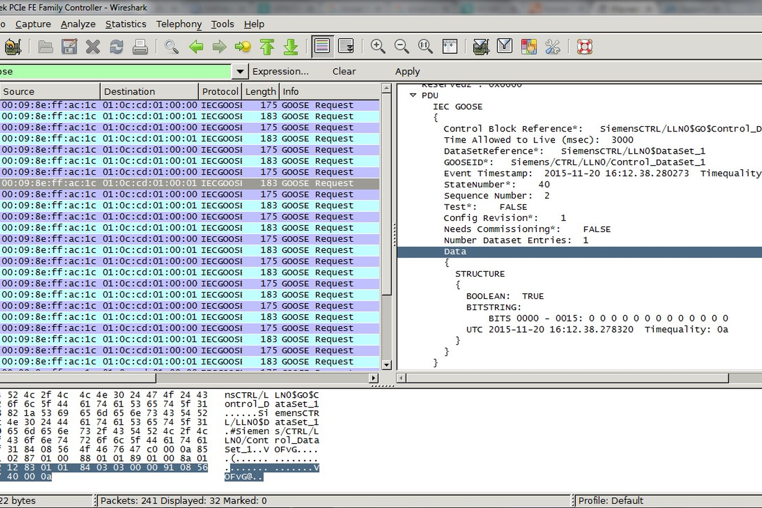 Transmission of data structures in a GOOSE message